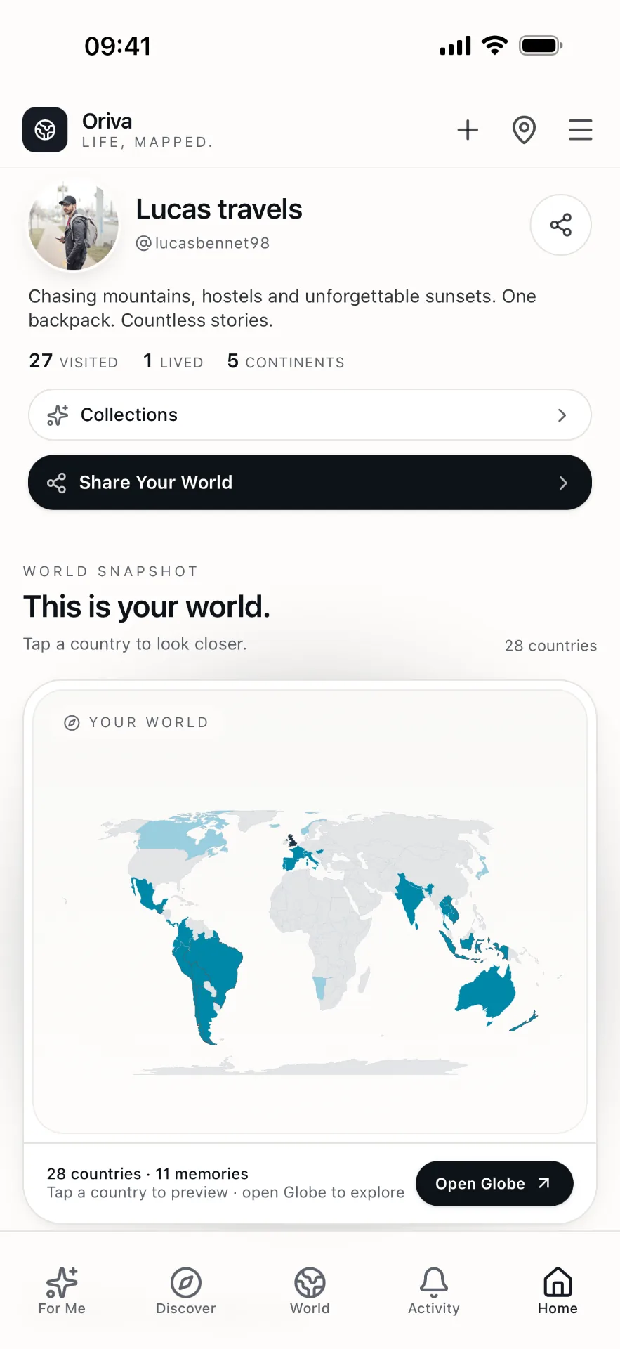 Oriva home — personal world snapshot and map